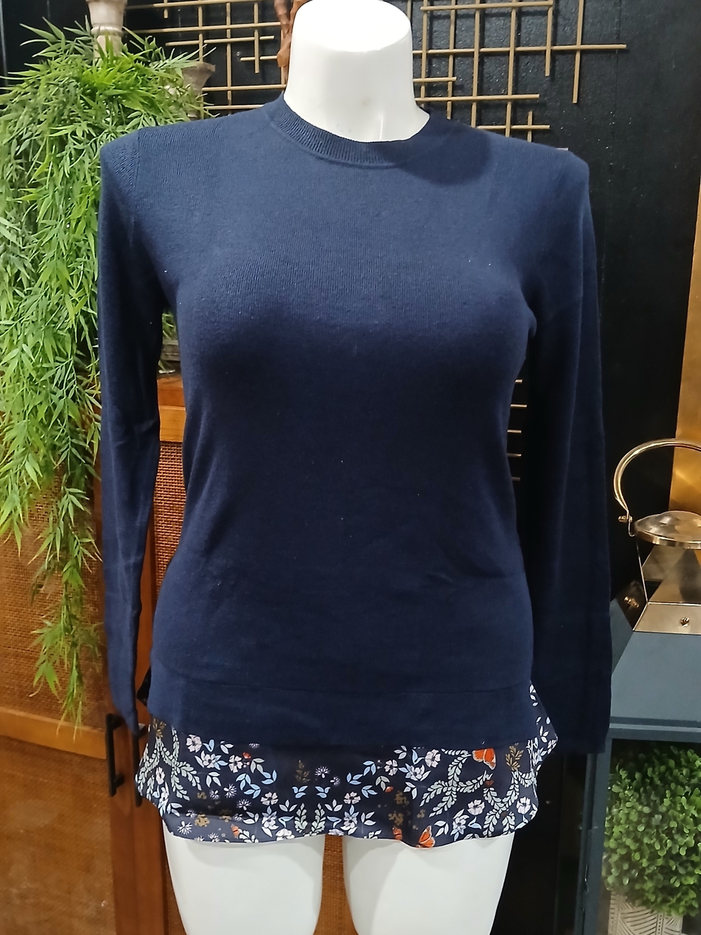 Ted Baker Navy Blue Cashmere Blend 2-in-1 Floral Trim Jumper / Sweater - Size 8